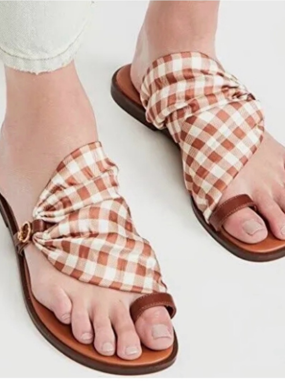 Tory Burch Brown and Cream Gingham Slide Sandals